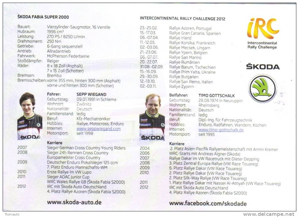 Skoda Fabia Super 2000  -  Sepp Wiegand/Timo Gottschalk - Intercontinental Rally Challenge 2012  -  Rally Promo Carte - Other & Unclassified