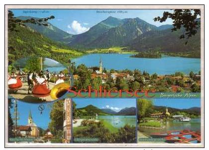 Schliersee , Jägerkamp - Brecherspitze - Kirche St. Sixtus - Uferpromenade - Bootsanlegestelle , Mehrbildkarte - Schliersee