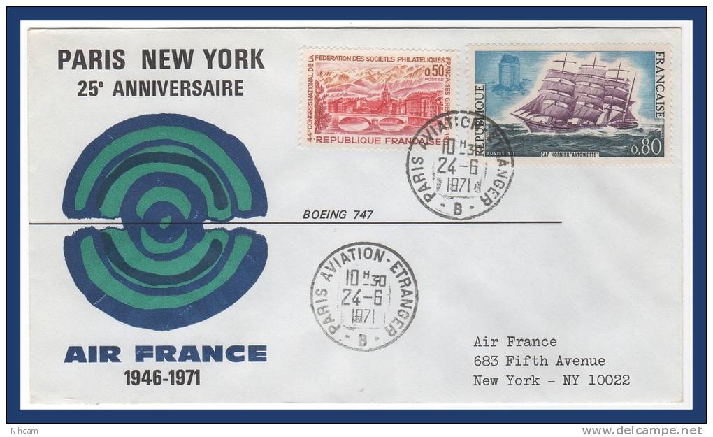 PREMIER VOL PARIS NEW YORK 25éme Anniv. AIR FRANCE 1971 - Eerste Vluchten