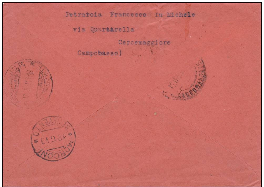 UNICA COLLEZIONE.ITALIA REPUBBLICA.STORIA POSTALE.BUSTA RACCOMANDATA AFFRANCATA.CERCEMAGGIORE- MORCONE-H587 - 1946-60: Marcophilie