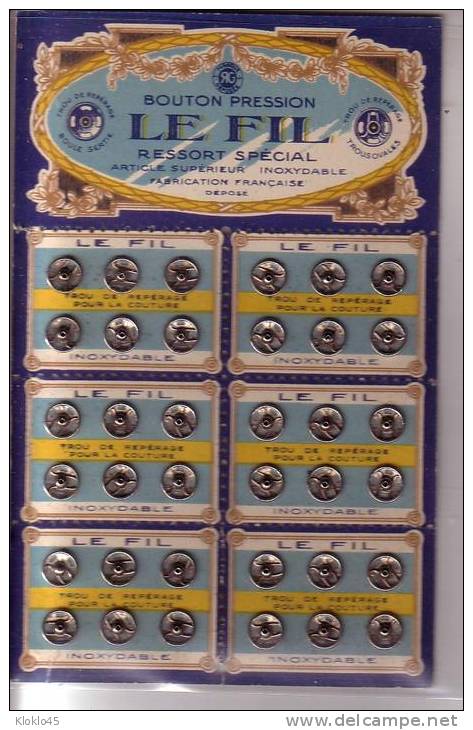 Mercerie - Plaquette Carton De 6 Plaques Détachables De 6 BOUTON PRESSION Marque LE FIL RESSORT SPECIAL Pour Lingerie - Buttons