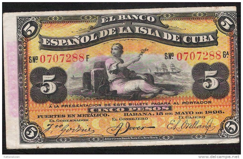 CUBA   P48b   5  PESOS  1896  VF+ - Kuba