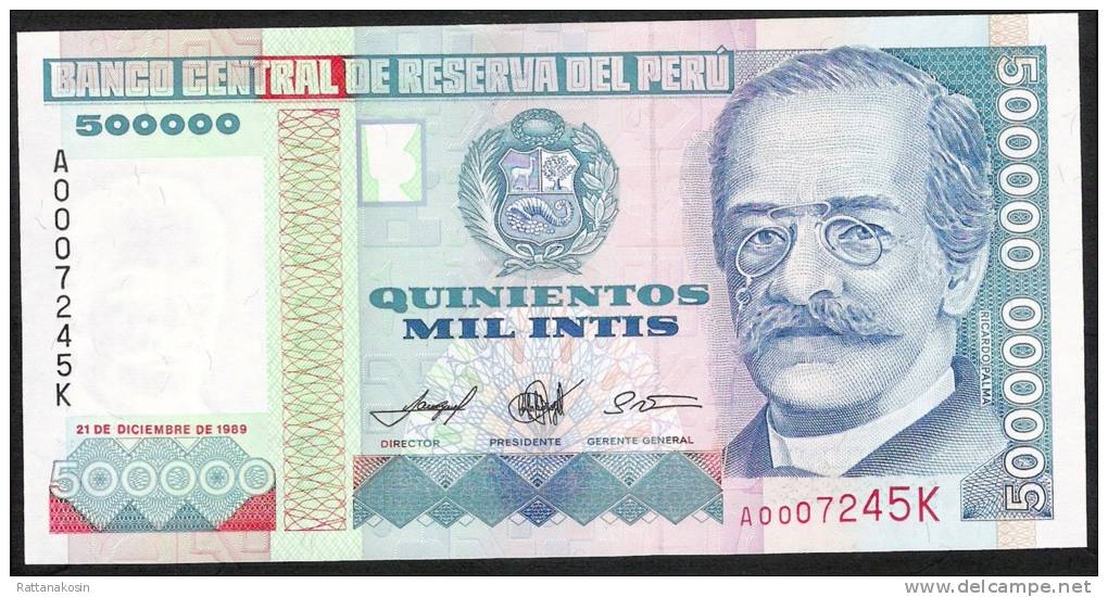 PERU  Low Number  P147 500.000 INTIS 1989 #A000 - - - -  UNC. - Pérou