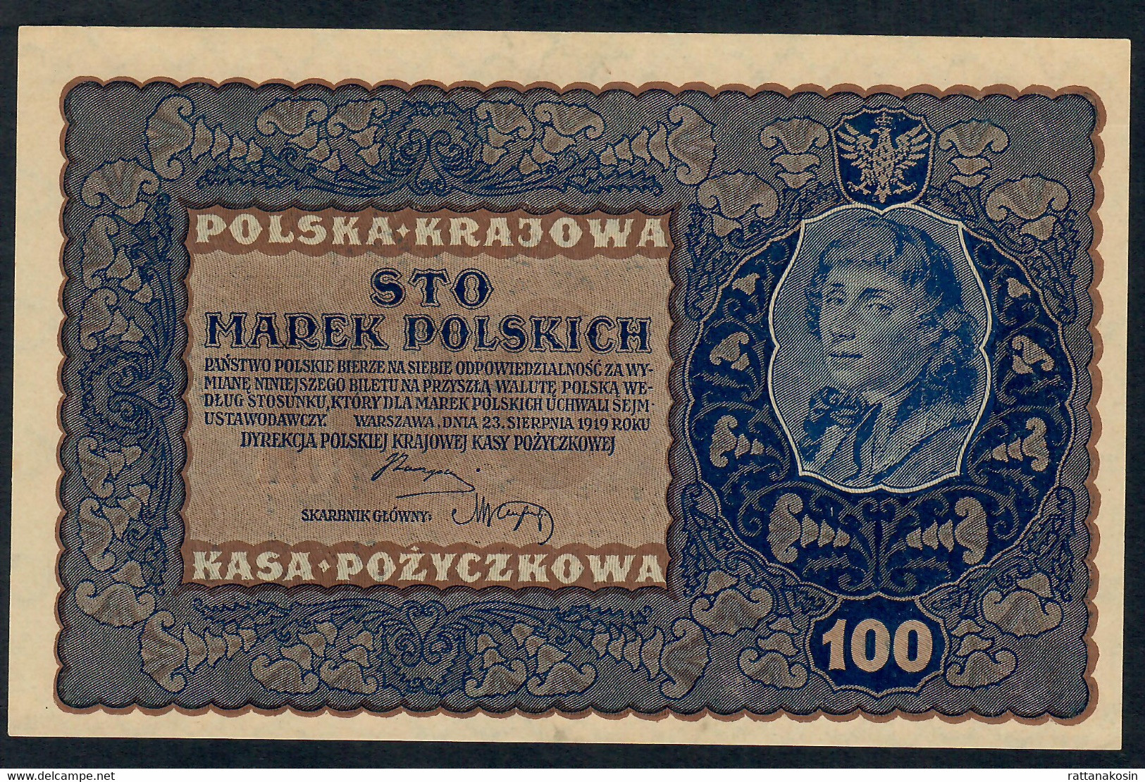 POLAND   P27   100    MAREK   1919    UNC. - Pologne