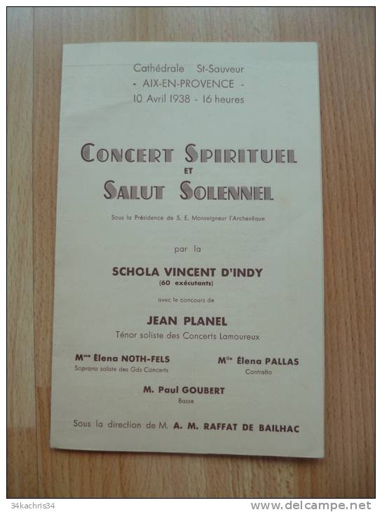 Programme Concert Spirituel Et Salut Solennel.Cathédrale Saint Sauveur.Aix En Provence. 10 Avril 1938. - Programma's