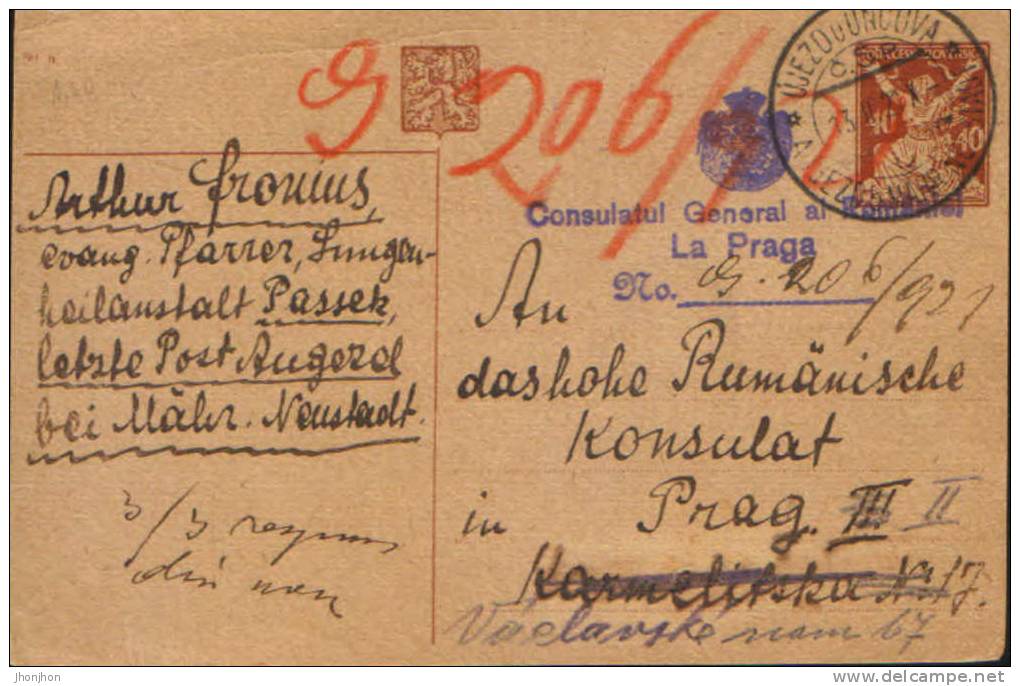 Czechoslovakia-Postal Stationery Postcard 1921-Ask The Consulate General Of Romania In Prague - Postales