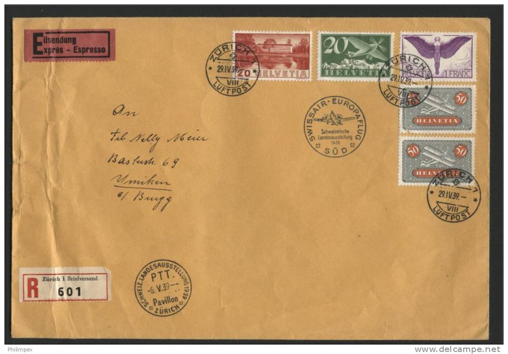 SWITZERLAND, TWO SPECIAL FLIGHTS ON COVER 1939, WITH GOOD COLOR VARIANT! - First Flight Covers