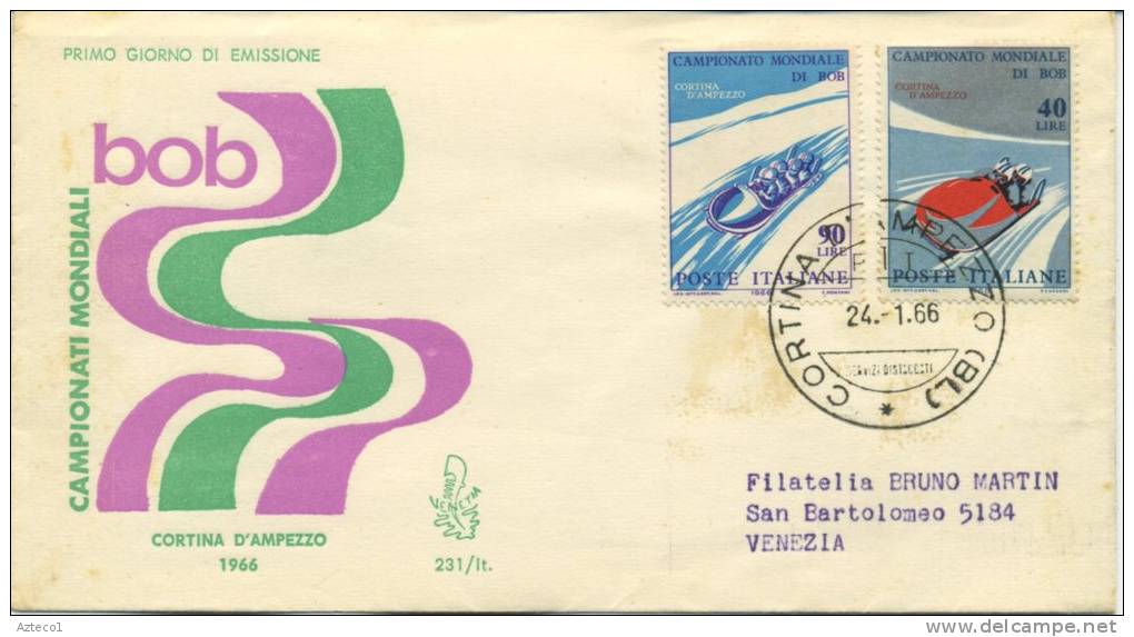 ITALIA - FDC VENETIA 1966 - CAMPIONATI MONDIALI DI BOB - SPORT - ANNULLO CORTINA - VIAGGIATA PER VENEZIA - FDC