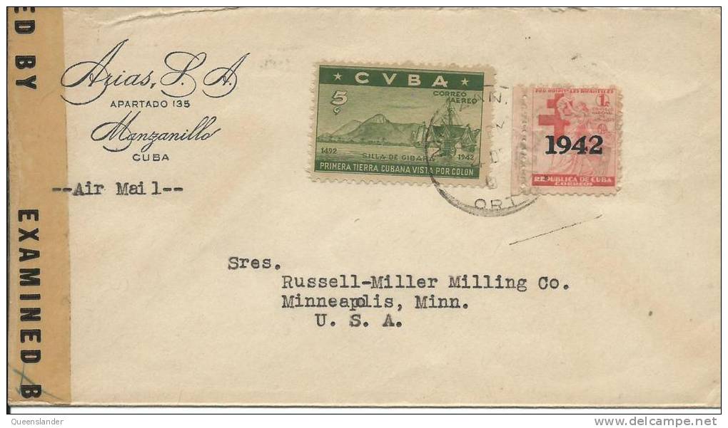 1944 Cover From Cuba To USA  One 5 Cent  Airmail Stamp & 1 Cent  O/Printed 1942   Opened By Examiner Front & Back Shown - Airmail