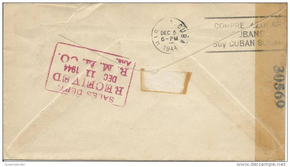 1944 Cover From Cuba To USA  One 5 Cent  Airmail Stamp & 1 Cent  O/Printed 1942   Opened By Examiner Front & Back Shown - Airmail