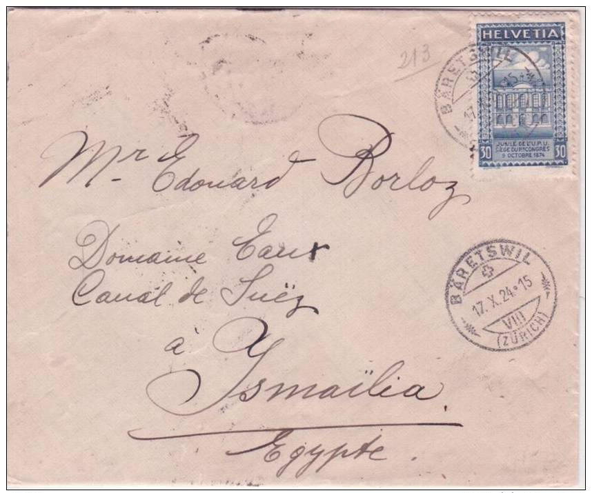 1924- Enveloppe De BÄRETSWILL  Affr. N°  168 A  SEUL   Pour L'Egypte - Lettres & Documents