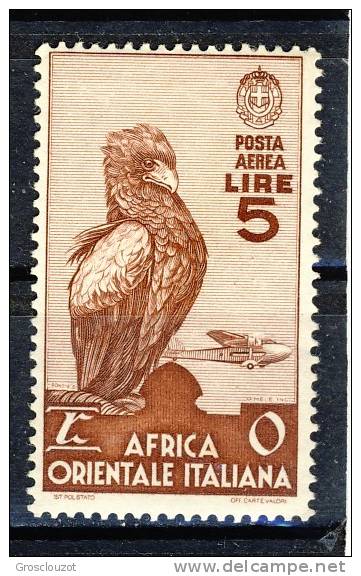 AOI Posta Aerea 1938 SS 11 Soggetti Vari, N. A9 Lire 5 Bruno Rosso MNH Cat. € 300 - Africa Oriental Italiana