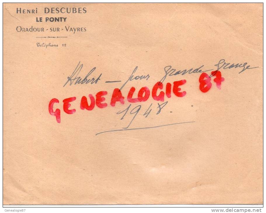 87 - ORADOUR SUR VAYRES - ENVELOPPE HENRI DESCUBES  LE PONTY 1948 - Unclassified