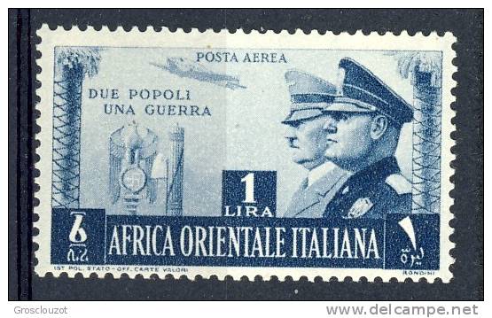 AOI Posta Aerea 1941 Fratellanza D'armi N. 20 Lire 1 Azzurro Grigio MLH Cat. € 280 - Africa Oriental Italiana