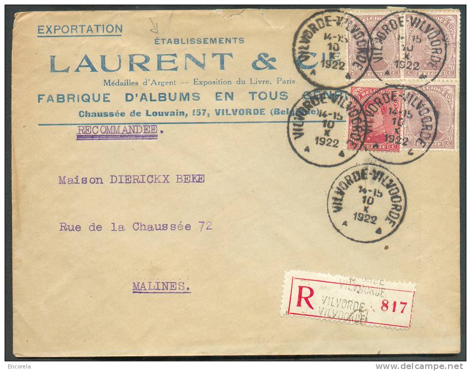 N°138-140(3) - 10 Centimes Carmin + 20 Centimes Lilas (x3) Obl. Sc VILVOORDE Sur Lettre Recommandée (en-tête Illustré "E - 1915-1920 Albert I