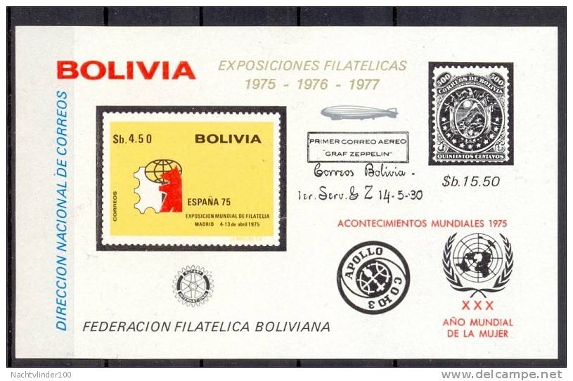 Mws011 TRANSPORT ZEPPELIN EXPO ESPANA '75 APOLLO SPACE ROTARY * OVERPRINT * BOLIVIA 1975 PF/MNH # - Zeppelins