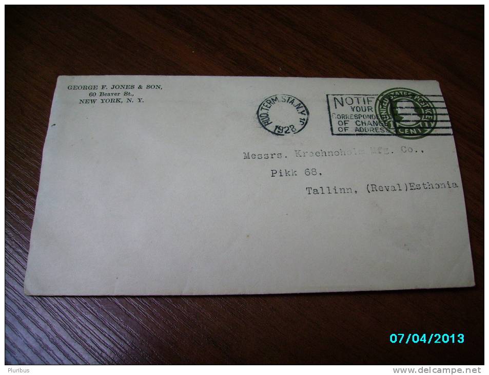 USA  POSTAL STATIONERY  COVER  1928 NEW YORK  TO  ESTONIA - 1921-40