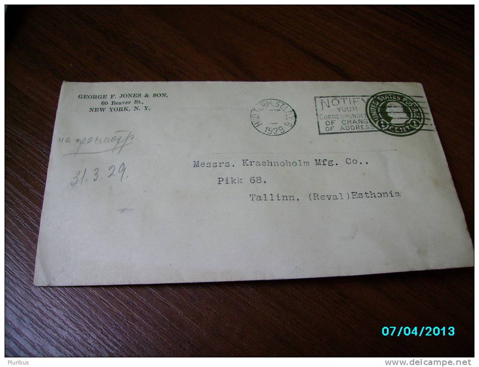 USA  POSTAL STATIONERY  COVER  1929 NEW YORK  TO  ESTONIA - 1921-40