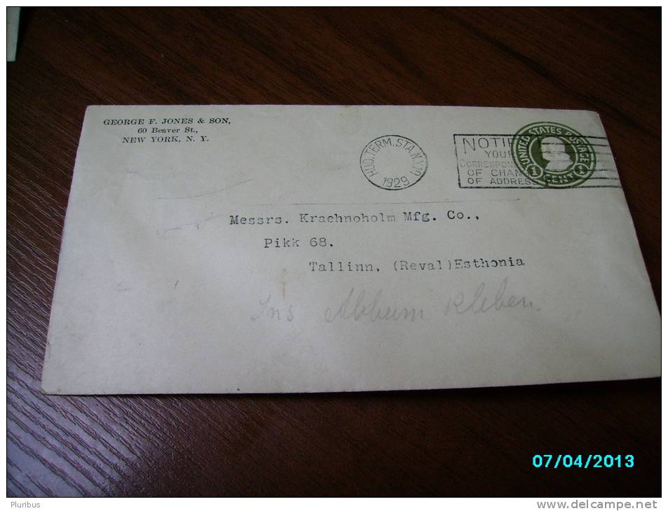 USA  POSTAL STATIONERY  COVER  1929 NEW YORK  TO  ESTONIA - 1921-40