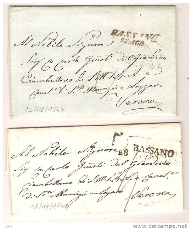 MARQUE POSTALE (Italie): BASSANO, 2 Lettres Avec Texte Pour Verona  En 1840 Et 1847, Cachet D'arrivée Au Verso. - Macchine Per Obliterare (EMA)