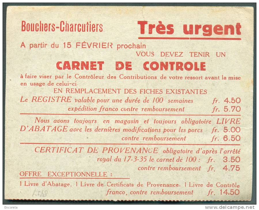 CERES 10 Centimes Obl. Sc MOUSTIER-sur-SAMBRE Sur Carte Publicitaire (Bouchers-Charcutiers Carnet De Contrôle) Du 5-II-1 - 1932 Ceres Y Mercurio