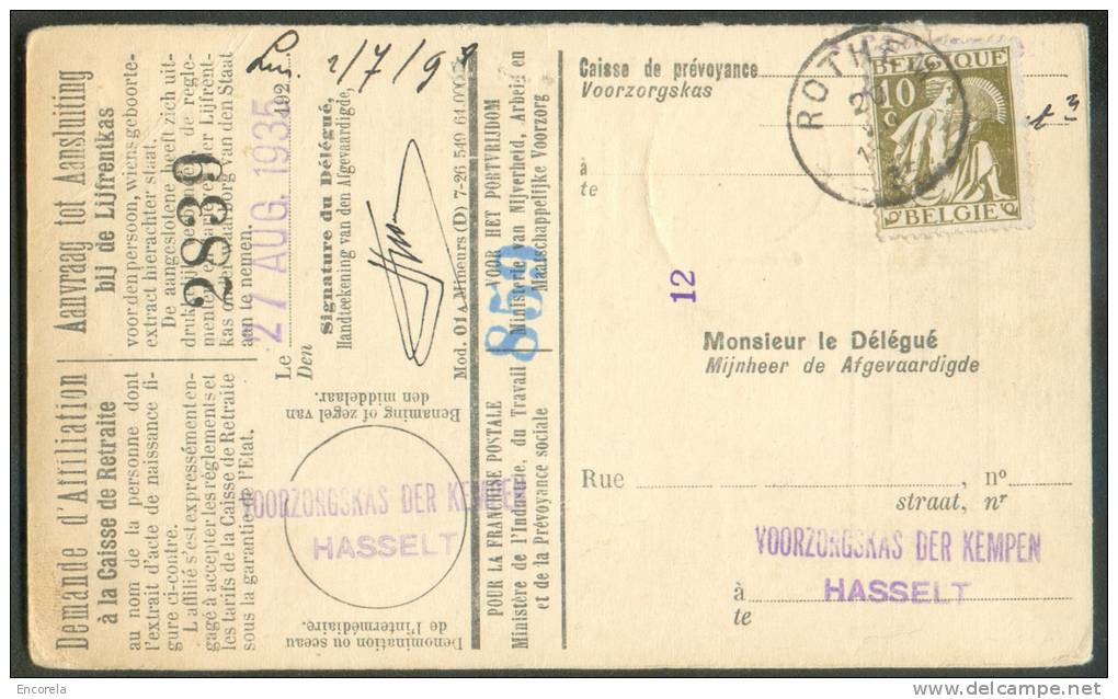 CERES 10 Centimes Obl. Sc ROTHEM Sur Carte Demande D'affiliation à La Caisse De Retraite Du 20-VII-1935 Vers Hasselt.  T - 1932 Cérès Et Mercure