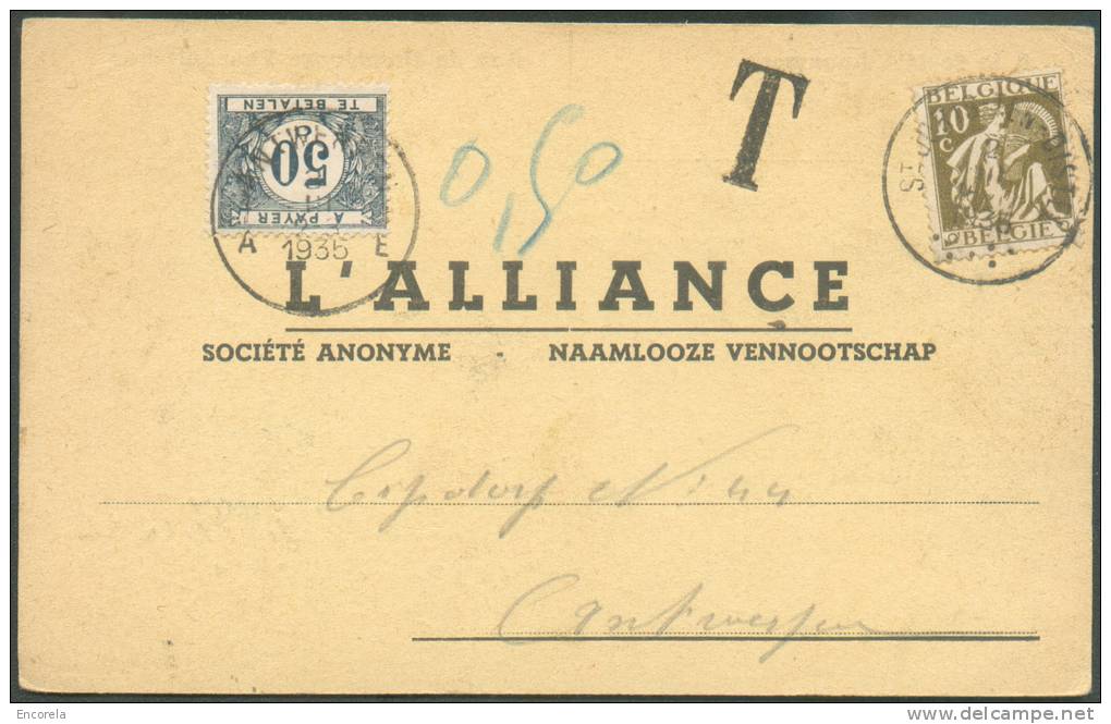 CERES 10 Centimes Obl. Sc De St-JORIS-ten-DISTEL Sur C.P. Du 2-III-1935 Vers Antwerpen Et Taxée à 50 Centimes . TB -  87 - 1932 Ceres And Mercurius