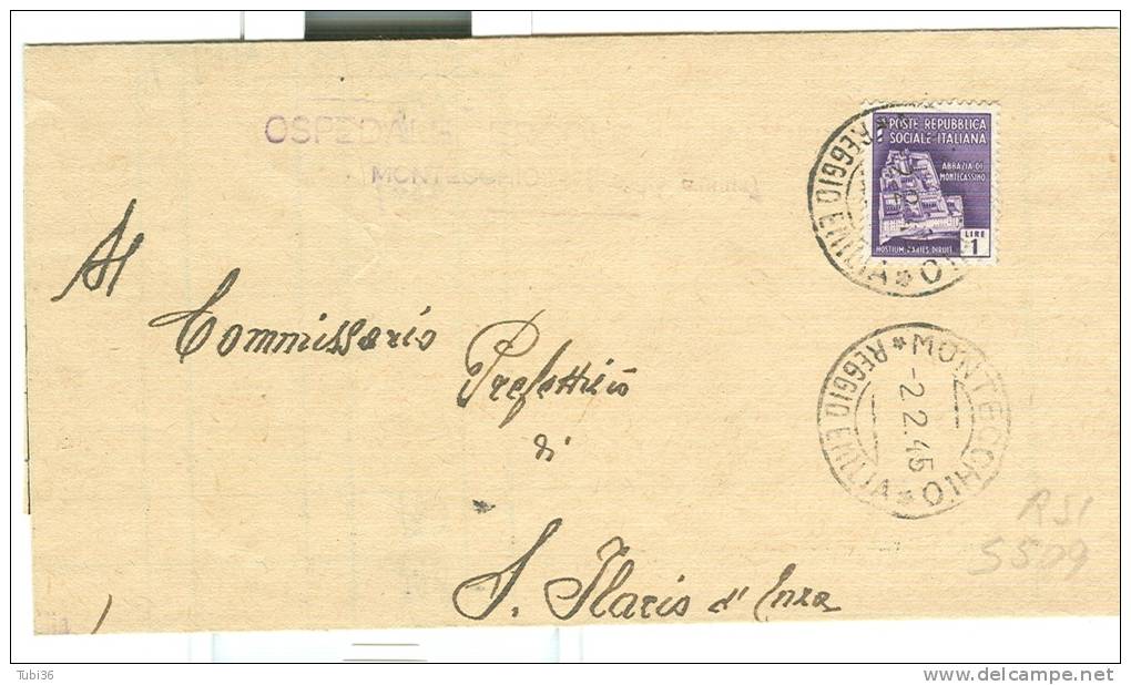 STORIA POSTALE, R.S.I. MONUMENTI £. 1, S509, ISOLATO IN TARIFFA  SU  B.P. VIAGGIATO  1945,  MONTECCHIO /S.ILARIO D'ENZA, - Marcophilia