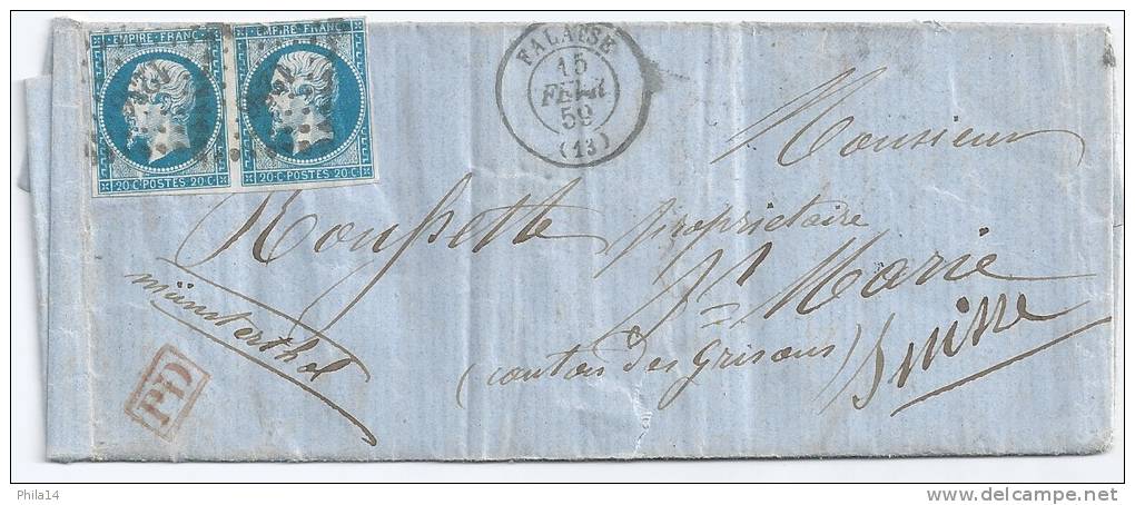 PAIRE N° 14 BLEU NAPOLEON SUR LETTRE / FALAISE POUR LA SUISSE / 15 FEV 1859 - 1849-1876: Période Classique