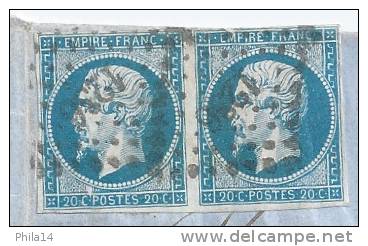 PAIRE N° 14 BLEU NAPOLEON SUR LETTRE / FALAISE POUR LA SUISSE / 15 FEV 1859 - 1849-1876: Période Classique