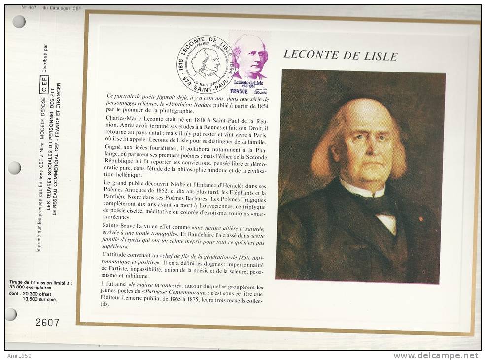 France - CEF 447 - Leconte DeLisle 1818-1894 - 1er Jour 25.03.78 Saint Paul (974) - T. 1988 - Lettres & Documents