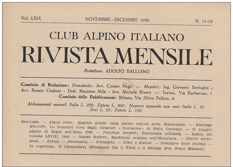 Rivista Mensile Del CLUB ALPINO ITALIANO - 1950, Vol. LXIX, N. 11-12 + Sommario Del Fascicolo - Altri & Non Classificati