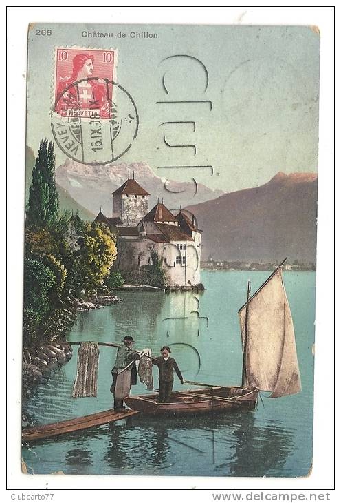 Veytaux (Suisse, Vaud) :  MP Du Chargement Des Filets Dans Une Barque à Voile Près Du Château De Chillon En 1908. - Veytaux