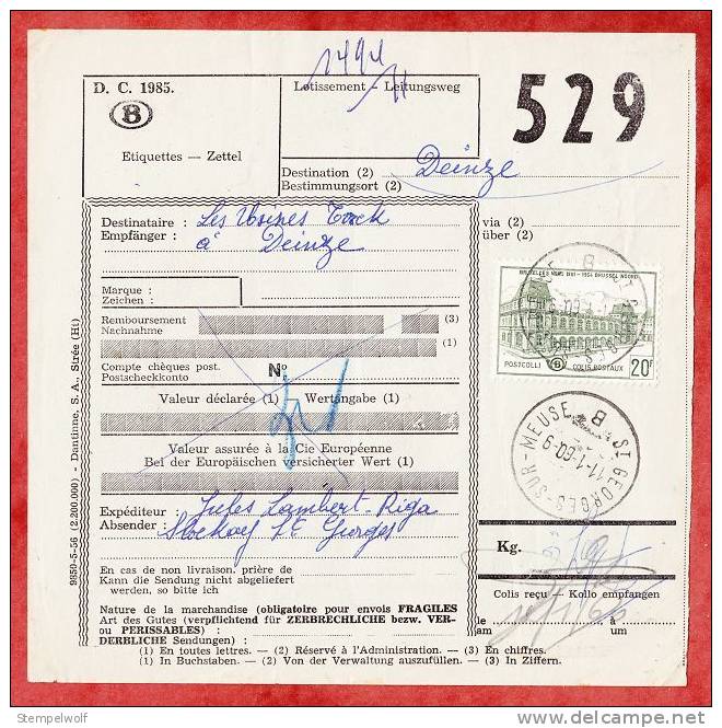 Postpaket Versandscheinteil, EF Gebaeude, St Georges-Sur-Meuse Nach Deinze 1960 (39030) - Briefe U. Dokumente