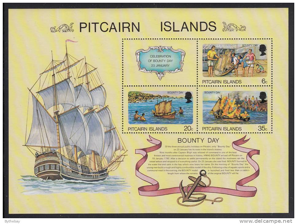 Pitcairn Islands MNH Scott #176a Souvenir Sheet Of 3 Plus Label Bounty Day: Building Model, Model Afloat, Burning Model - Pitcairninsel