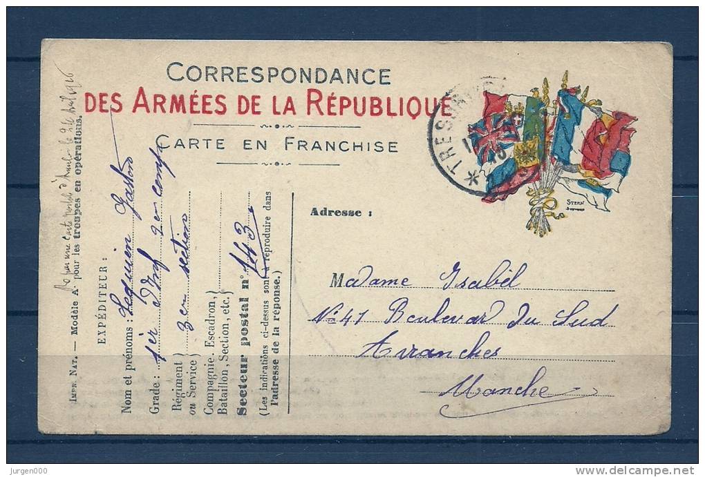 Briefkaart Correspondance Des Armées De La République Carte En Franchise Naar Avranches 24/04/1916  (GA5876) - Lettres & Documents