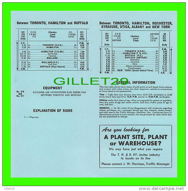 TIMETABLES, CANADA - TORONTO, HAMILTON & BUFFALO RAILWAY CO, - PENN CENTRAL & C.P.R.. - OCTOBER 26, 1975 - - Mundo