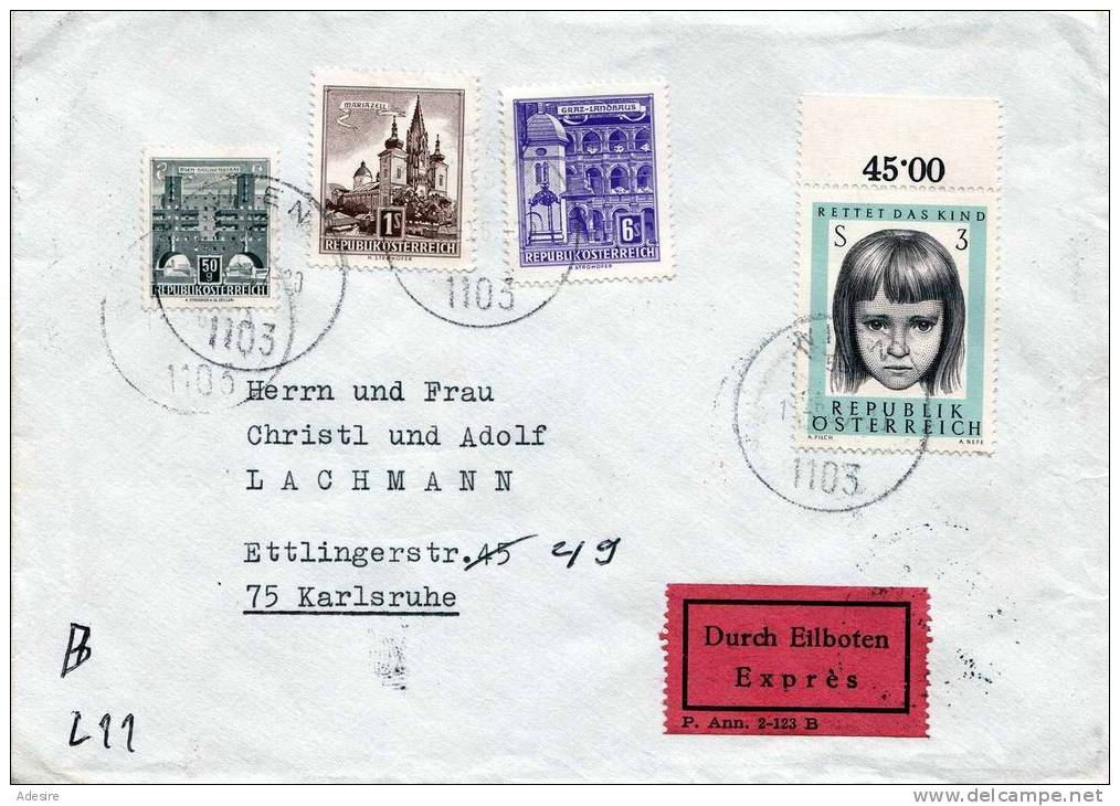 Österr.1967, Express-Brief Mit 4 Fach Frankierung (Ank1183a+1046?+1111+1252), 5 Stempel, Sonderstempel Stuttgart Flugh. - Variétés & Curiosités