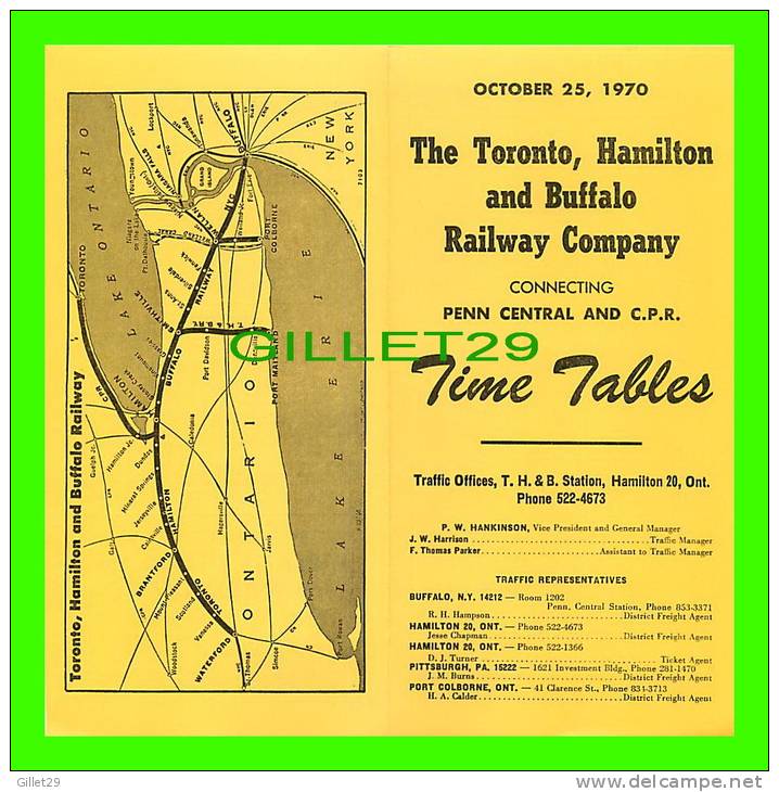 TIMETABLES, CANADA - TORONTO, HAMILTON & BUFFALO RAILWAY CO - PENN CENTRAL & C.P.R.. - OCTOBER 25, 1970 - - Monde