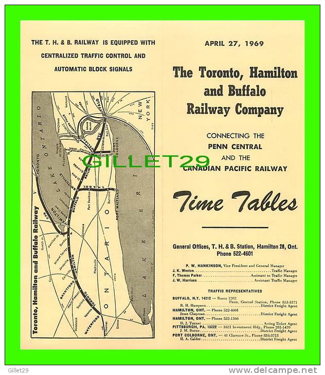 TIMETABLES, CANADA - TORONTO, HAMILTON & BUFFALO RAILWAY CO - PENN CENTRAL & C.P.R.. - APRIL 27, 1969 - - World