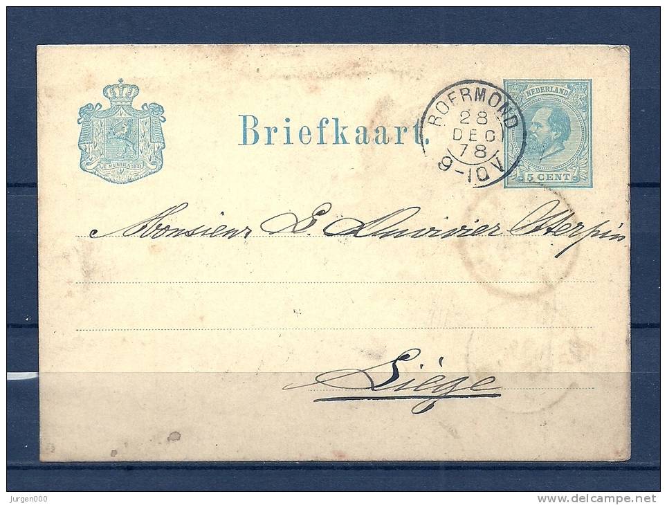 Briefkaart Van Roermond Naar Liege  28/12/1878 (GA6066) - Postal Stationery