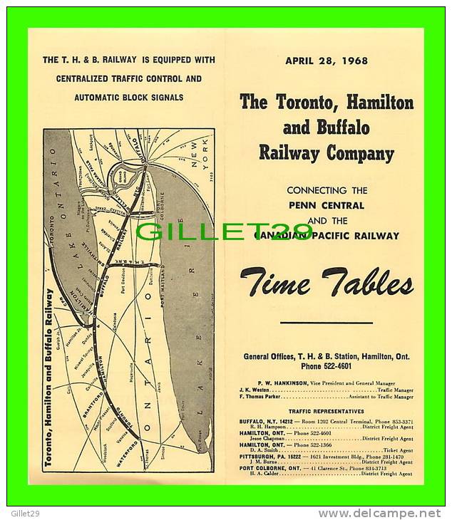 TIMETABLES, CANADA - TORONTO, HAMILTON & BUFFALO RAILWAY CO - PENN CENTRAL & C.P.R.. - APRIL 28, 1968 - - Mondo