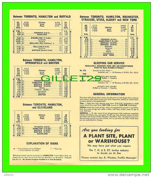 TIMETABLES, CANADA - TORONTO, HAMILTON & BUFFALO RAILWAY CO - PENN CENTRAL & C.P.R.. - APRIL 28, 1968 - - Welt