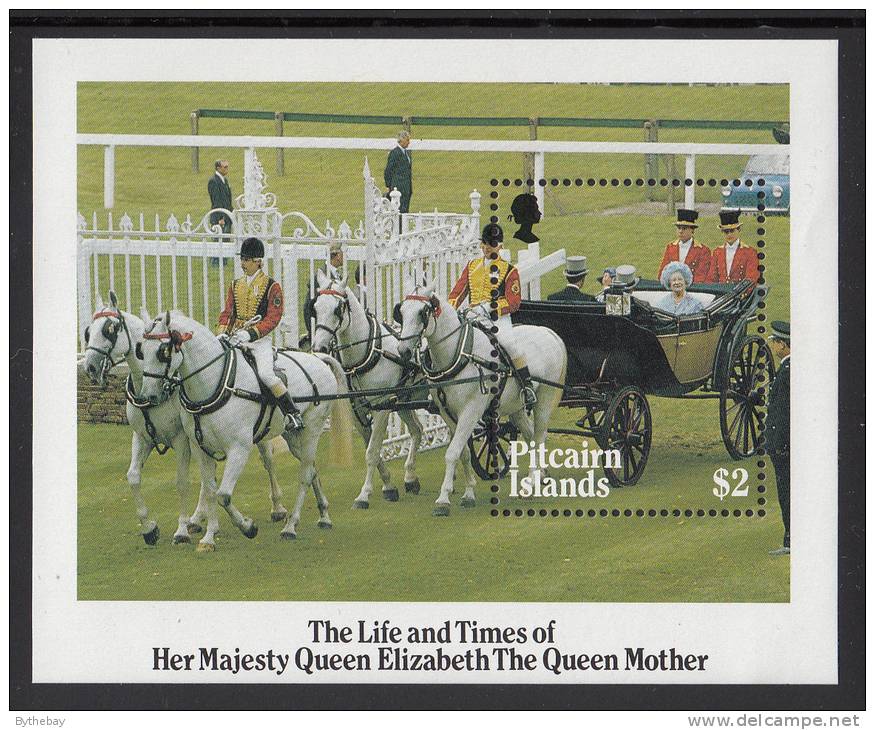 Pitcairn Islands MNH Scott #257 Souvenir Sheet $2 Queen Mother In Coach At Ascot - 85th Birthday - Pitcairn