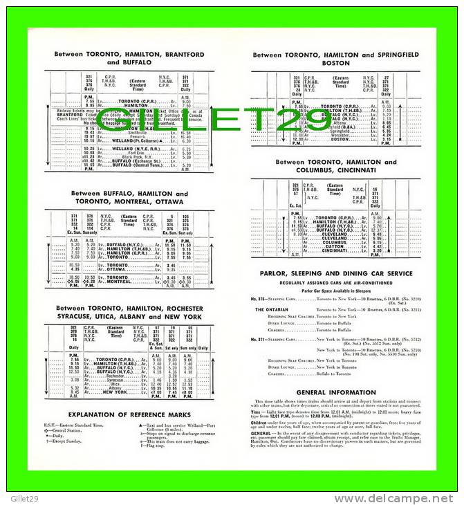 TIMETABLES - SCHEDULES - OCTOBER 25, 1964 - TORONTO, HAMILTON & BUFFALO RAILWAY - NEW YORK CENTRAL SYSTEM & C.P.R. - - Welt