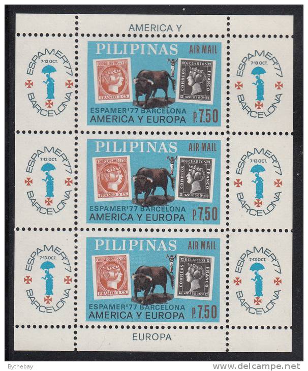 Philippines MNH Scott #C110 Souvenir Sheet Of 3 7.50p Philippines And Spain #1 - ESPAMER 77 - Philippines