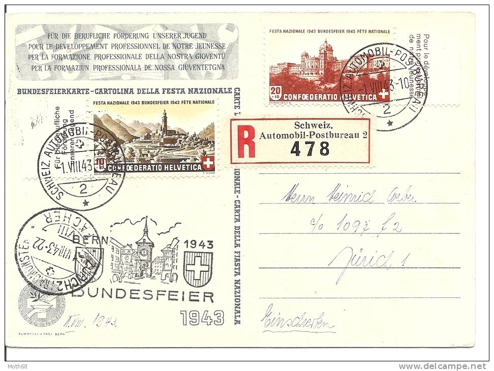 1943 Bundesfeierkarte  Mit Automobilpoststempel Charge Und TAPS  KW über CHF 100 Sehr Schön - Briefe U. Dokumente