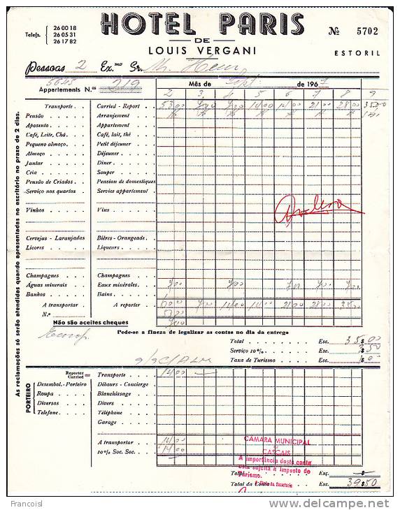 Espagne. Estoril. Hôtel De Paris. Note De Séjour Du 2 Au 9 Septembre 1967. - Espagne