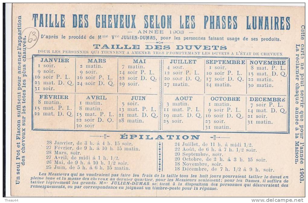 ¤¤  -  LYON  -  Calendrier Lunaire De 1903 De La Maison Julien Dumas 6 Rue Du Plat - Régénérateur De Cheveux   -  ¤¤ - Autres & Non Classés