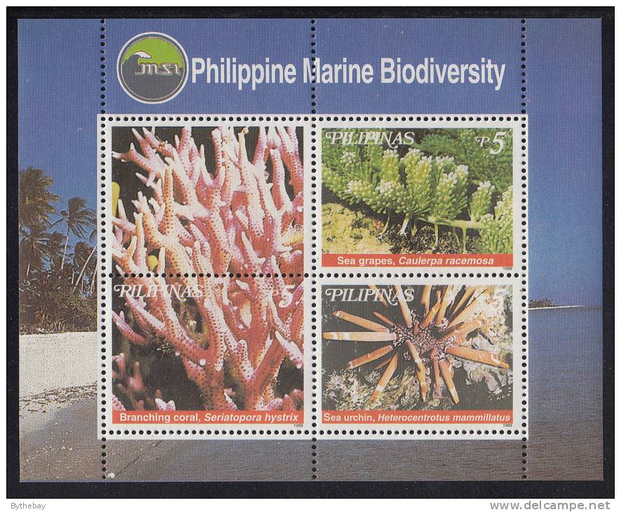 Philippines MNH Scott #2615 Souvenir Sheet Of 3 Plus Label 5p Sea Grapes, Branching Coral, Sea Urchin - Marine Life - Philippines